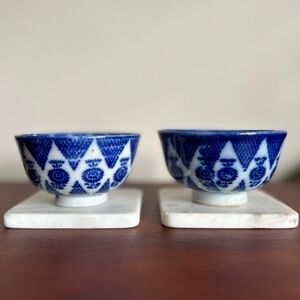 Japanese 1900-1920 Stencil Pottery Blue And White Antique 2PC Rice Bowl Set!
